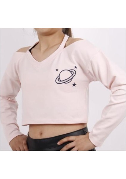 Kız Çocuk Gezegen Baskılı Crop Tişört