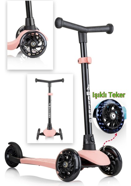 Işıklı Scooter, 3 Tekerli Yükseklik Ayarlı Çocuk Scooter, Pembe