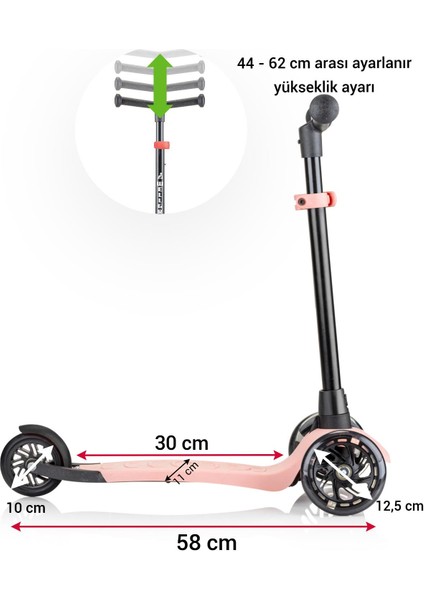 Işıklı Scooter, 3 Tekerli Yükseklik Ayarlı Çocuk Scooter, Pembe