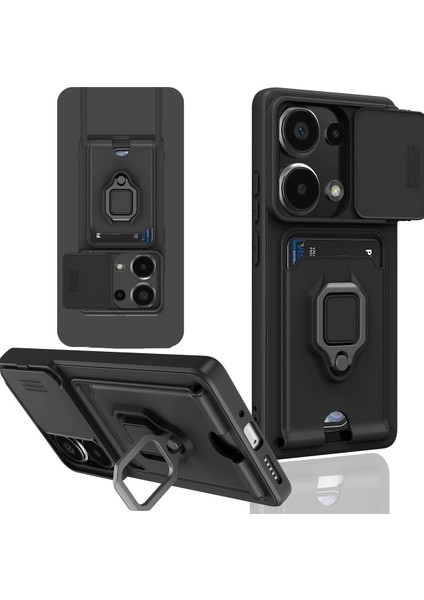 Xiaomi Redmi Note 14S Kılıf Kamera Korumalı Sürgülü Yüzüklü Standlı Kartvizit Ip Askılı Zuma Silikon