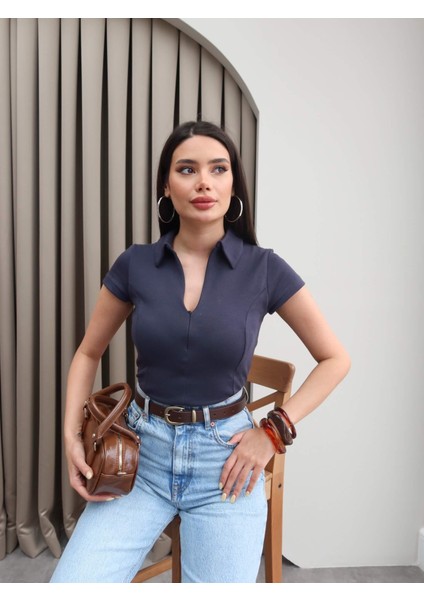 Fermuarlı Kısa Kol Body