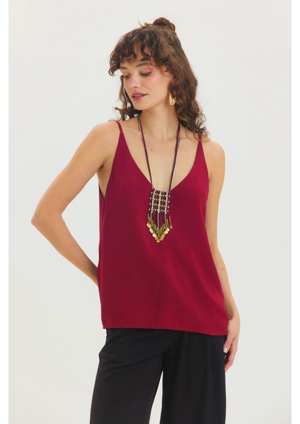 V Yaka Minimal Askılı Bluz Bordo