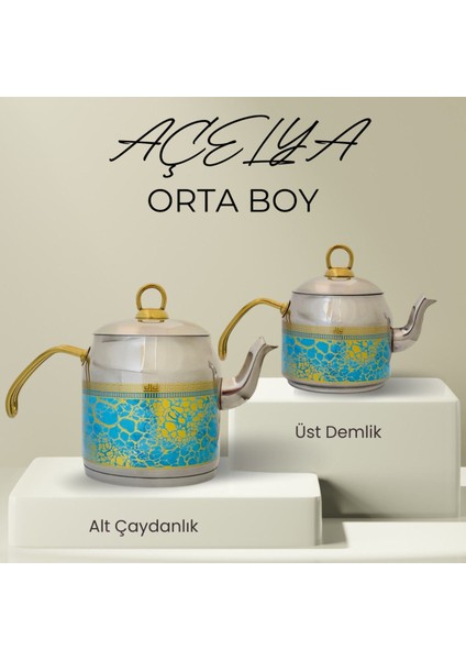 Turkuaz Desenli Altın Kulp Çaydanlık Takımı, Şık ve Zarif Tasarım, 3 L