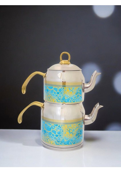 Turkuaz Desenli Altın Kulp Çaydanlık Takımı, Şık ve Zarif Tasarım, 3 L fiyatları