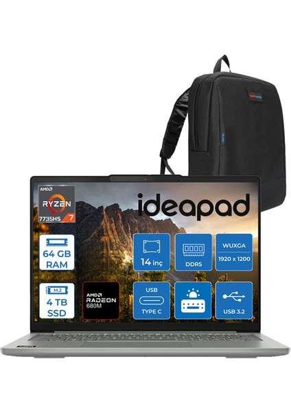 Ideapad Slim 5 Amd Ryzen 7 7735HS 64GB Ddr5 4tb SSD Amd Radeon™ 680M Windows 11 Home 14" Wuxga IPS Taşınabilir Bilgisayar IDS14ARP10H24 + Zettaçanta