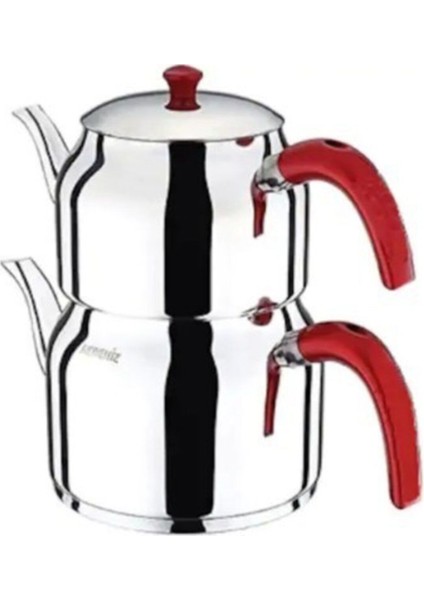 Kırmızı Çelik Aile Boy Çaydanlık 1.5L, Elma Şekeri ile Lezzetli İkramlar