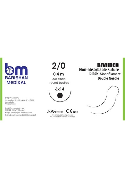 Mikroturcu Tekli Iğne Iplik 2/0 Daire 3/8 6X14 40MM 75CM Siyah Yuvarlak Gövde Çift Iğne Mikrocerrahi Eğitim Materyali