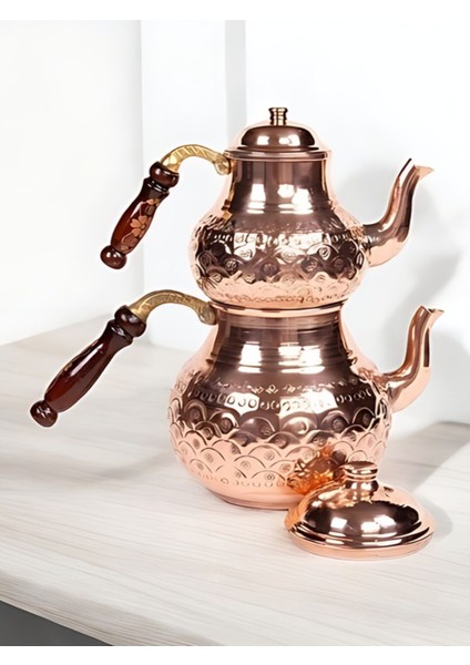 El yapımı büyük bakır çaydanlık ve demlik, çiçek desenli, ahşap detaylı, 2-2,99 L modelleri