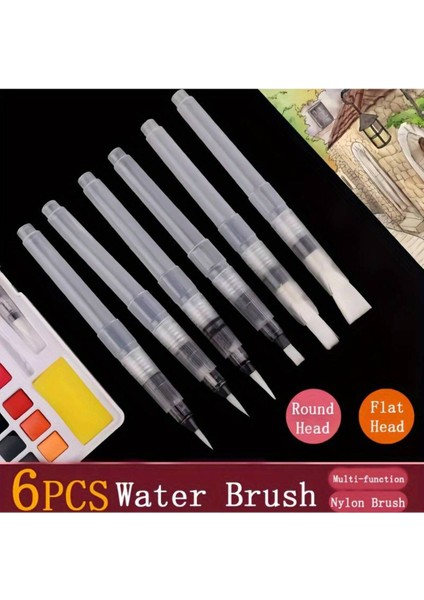 Fırça Uçlu, Brush Pen Set, Suluboya Fırçaları/mürekkep Hazneli Fırça Kalem Seti-Paketli 6'lı Set