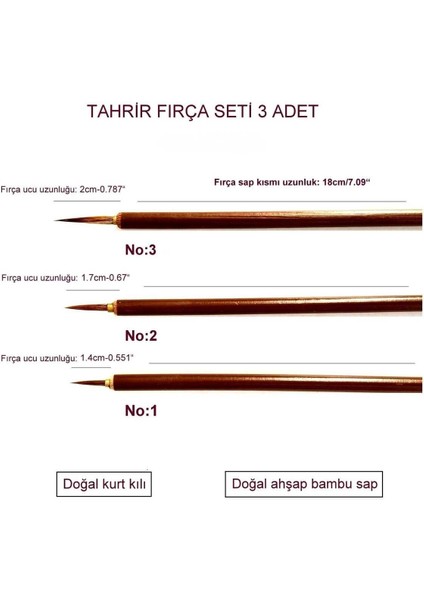 Tahrir Fırça Seti No:1-2-3 Kurt Kılı, Bambu Sap (Çini, Seramik, Tezhip, Minyatür) Kaliteli-3 Adet