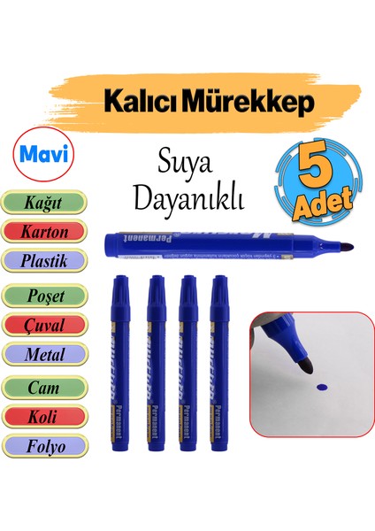 Kalıcı Çıkmaz Koli Kalemi Suya Dayanıklı Işaretleme Markalama Mavi Kalem Metal Cam Çuval 5 Adet