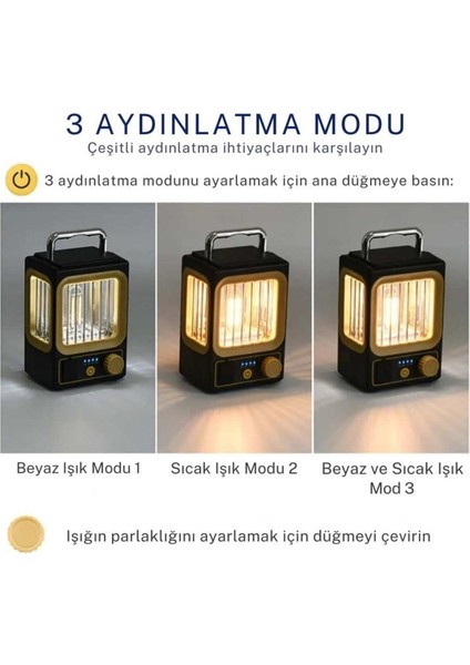 3 Modlu Işık Ayarlı Kamp Lambası | Solar Şarjlı ve Type-C Girişli USB Çıkışlı Fener Premium Lamba