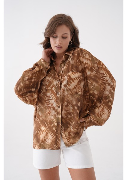 Kadın Kahve Batik Desen Modal Kumaş Oversize Gömlek 29188