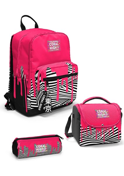 Pembe Siyah Beyaz Desenli 3’lü Okul Çanta Seti SET0123678