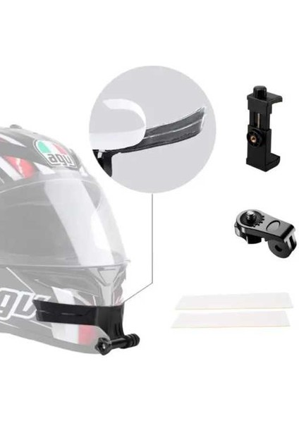 Kask Çene Yapıştırıcılı Telefon ve Aksiyon Kamera Tutucu Full Set