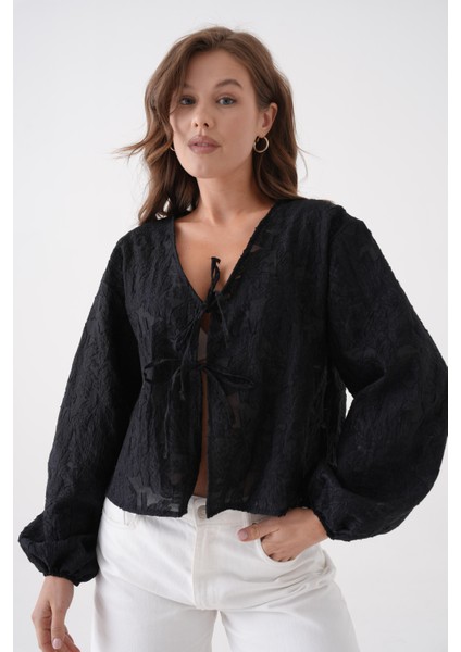 Kadın Siyah Yakma Şifon Desenli Organze Bluz 29101 fiyatları