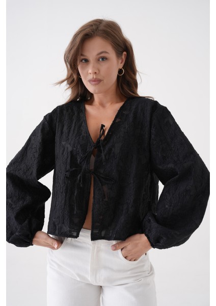 Kadın Siyah Yakma Şifon Desenli Organze Bluz 29101 fırsatları