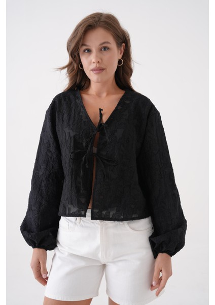 Kadın Siyah Yakma Şifon Desenli Organze Bluz 29101 indirimleri