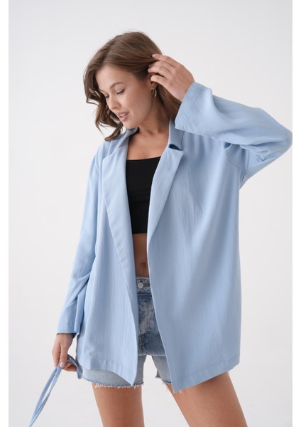 Kadın Mavi Bağcık Detaylı Astarsız Modal Ceket 29081