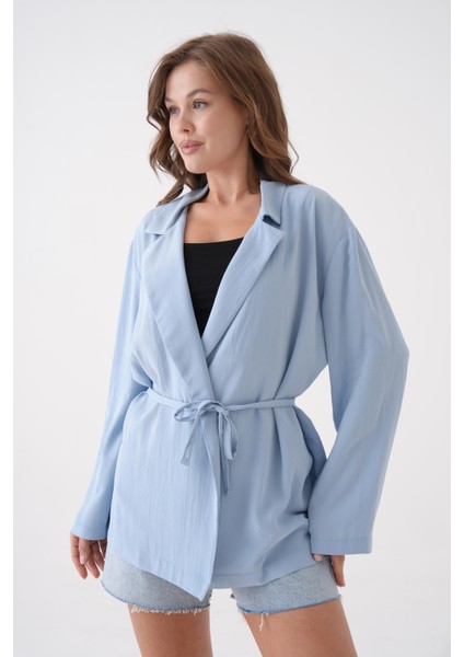 Kadın Mavi Bağcık Detaylı Astarsız Modal Ceket 29081 modelleri