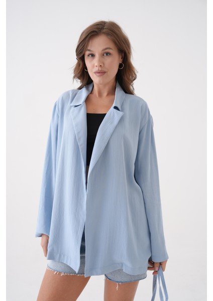Kadın Mavi Bağcık Detaylı Astarsız Modal Ceket 29081 fırsatları
