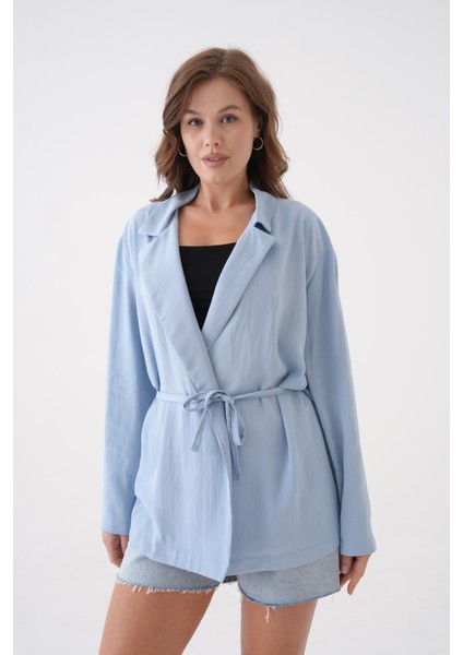 Kadın Mavi Bağcık Detaylı Astarsız Modal Ceket 29081 indirimleri