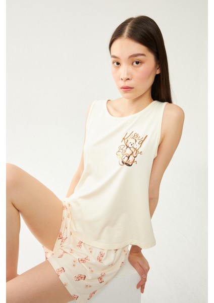 Kadın Bej Ayıcık Baskılı Şort Pijama Takımı