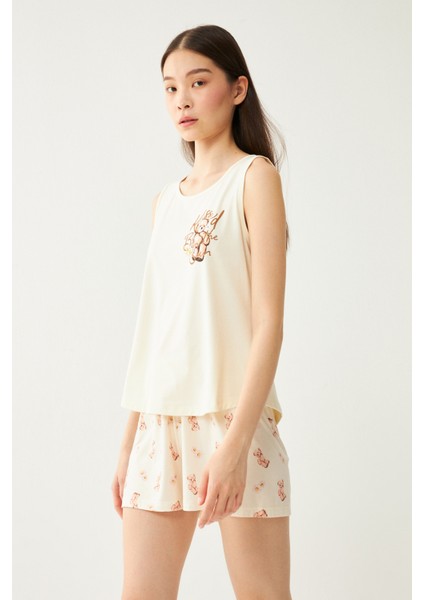 Kadın Bej Ayıcık Baskılı Şort Pijama Takımı