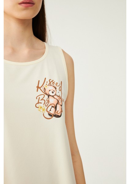 Kadın Bej Ayıcık Baskılı Şort Pijama Takımı