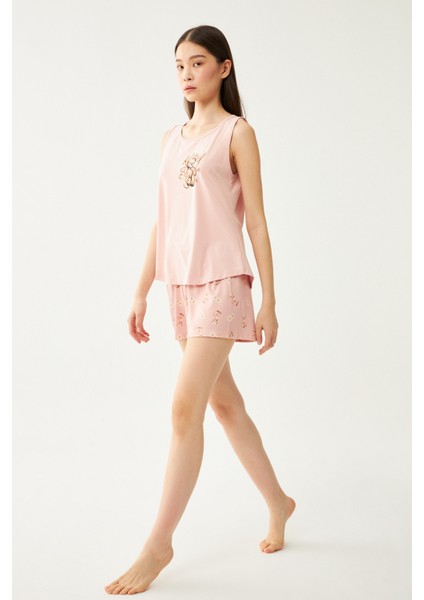 Kadın Pudra Ayıcık Baskılı Şort Pijama Takımı