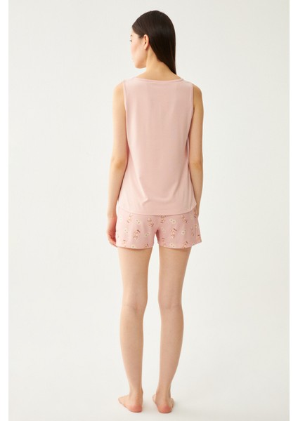 Kadın Pudra Ayıcık Baskılı Şort Pijama Takımı