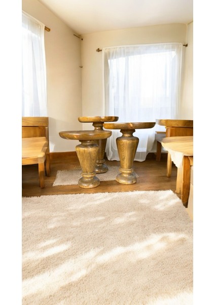 Wood Wooden Ahşap 3’lü Set Mantar Yan Sehpa Modern Tütün Renk Fiskos