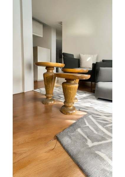 Wood Wooden Ahşap 3’lü Set Mantar Yan Sehpa Modern Tütün Renk Fiskos fiyatları