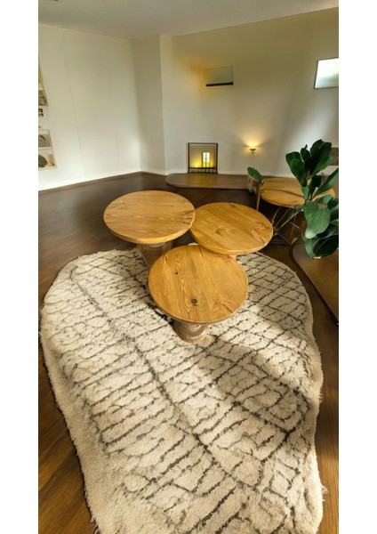 Wood Wooden Ahşap 3’lü Set Mantar Yan Sehpa Modern Tütün Renk Fiskos modelleri