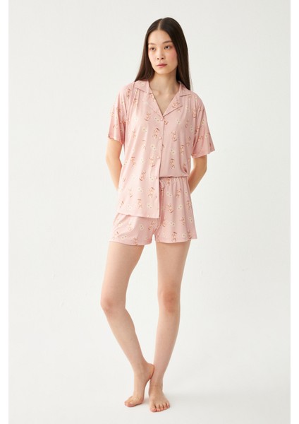 Kadın Pudra Bebe Yaka Sevimli Ayıcık Şortlu Pijama Takımı