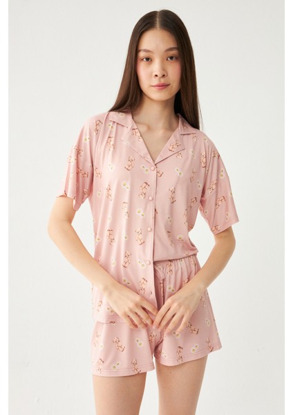 Kadın Pudra Bebe Yaka Sevimli Ayıcık Şortlu Pijama Takımı