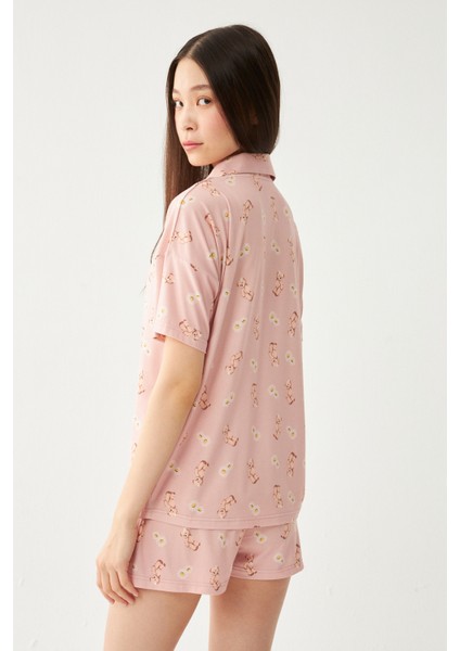 Kadın Pudra Bebe Yaka Sevimli Ayıcık Şortlu Pijama Takımı