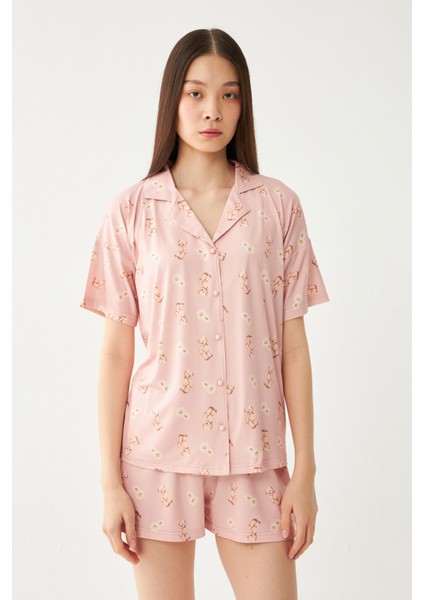 Kadın Pudra Bebe Yaka Sevimli Ayıcık Şortlu Pijama Takımı