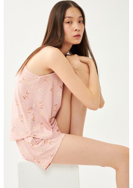 Kadın Pudra Askılı Sevimli Ayıcık Şortlu Pijama Takımı