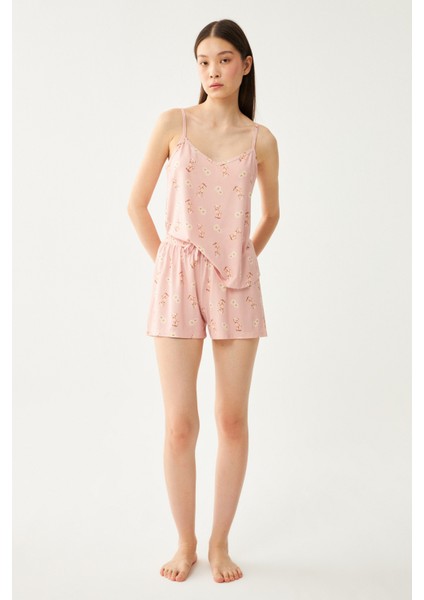 Kadın Pudra Askılı Sevimli Ayıcık Şortlu Pijama Takımı