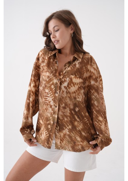 Kadın Kahve Batik Desen Modal Kumaş Oversize Gömlek 29188 fiyatları