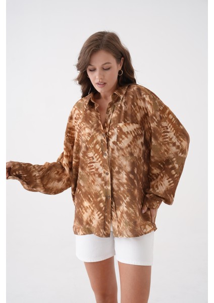 Kadın Kahve Batik Desen Modal Kumaş Oversize Gömlek 29188 fırsatları