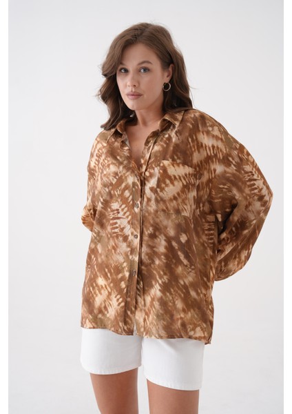 Kadın Kahve Batik Desen Modal Kumaş Oversize Gömlek 29188 indirimleri