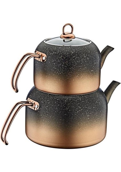 4 Parça Granit XL Boy Çaydanlık Seti, Dayanıklı ve Şık Tasarım, Metalik Bakır Renk