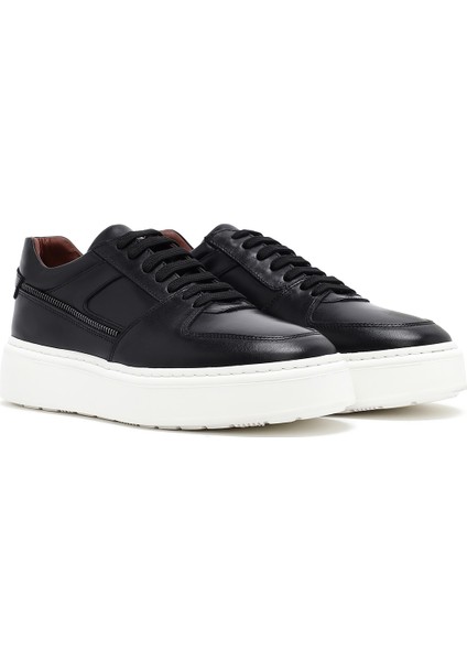 Erkek Siyah Bağcıklı Kalın Tabanlı Deri Sneaker 25SFD724218
