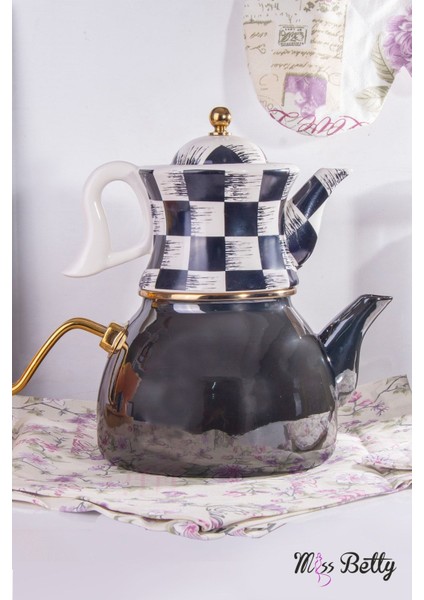 Şık Siyah Damalı Emaye Çaydanlık, Dayanıklı ve Estetik Tasarım, 1,15 L