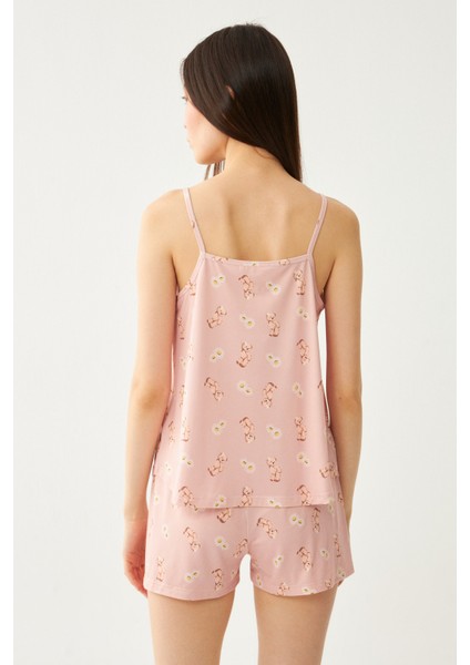 Kadın Pudra Askılı Sevimli Ayıcık Şortlu Pijama Takımı