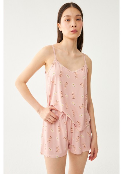 Kadın Pudra Askılı Sevimli Ayıcık Şortlu Pijama Takımı