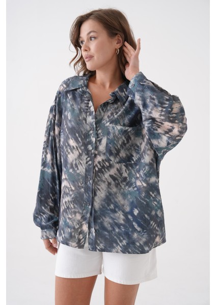 Kadın Petrol Batik Desen Modal Kumaş Oversize Gömlek 29188
