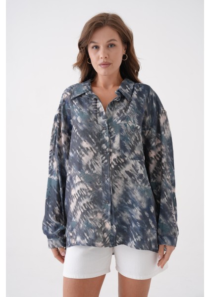 Kadın Petrol Batik Desen Modal Kumaş Oversize Gömlek 29188 fırsatları